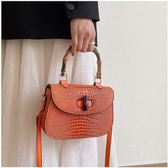 Neiman Marcus Bamboo Handle Crocodile Print Top Handle Bag - Picture 5 of 8